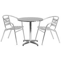 Flash Furniture TLH-ALUM-28RD-017BCHR2-GG 27.5" Round Aluminum Indoor-Outdoor Table with 2 Slat Back Chairs