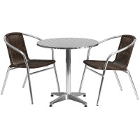 Flash Furniture TLH-ALUM-28RD-020CHR2-GG 27.5" Round Aluminum Indoor-Outdoor Table with 2 Rattan Chairs