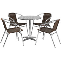 Flash Furniture TLH-ALUM-28RD-020CHR4-GG 27.5" Round Aluminum Indoor-Outdoor Table with 4 Rattan Chairs