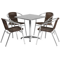 Flash Furniture TLH-ALUM-28SQ-020CHR4-GG 27.5" Square Aluminum Indoor-Outdoor Table with 4 Rattan Chairs
