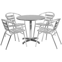 Flash Furniture TLH-ALUM-32RD-017BCHR4-GG 31.5" Round Aluminum Indoor-Outdoor Table with 4 Slat Back Chairs
