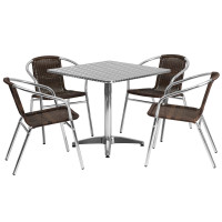 Flash Furniture TLH-ALUM-32SQ-020CHR4-GG 31.5" Square Aluminum Indoor-Outdoor Table with 4 Rattan Chairs