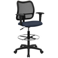 Flash Furniture Mid-Back Mesh Drafting Stool with Navy Blue Fabric Seat and Arms WL-A277-NVY-AD-GG