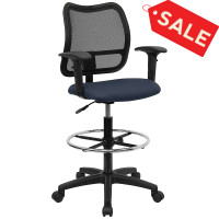 Flash Furniture Mid-Back Mesh Drafting Stool with Navy Blue Fabric Seat and Arms WL-A277-NVY-AD-GG