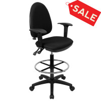 Flash Furniture Mid-Back Black Fabric Multi-Functional Drafting Stool with Arms and Adjustable Lumbar Support WL-A654MG-BK-AD-GG