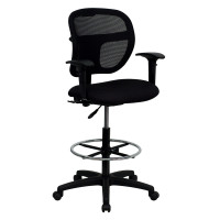 Flash Furniture Mid-Back Mesh Drafting Stool with Black Fabric Seat and Arms WL-A7671SYG-BK-AD-GG