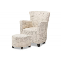 Baxton Studio WS-0710-Beige-L277 Benson French Script Patterned Fabric Club Chair and Ottoman Set