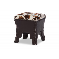 Baxton Studio WS-B1212-Brown Sally Cow-print Patterned Faux Leather Accent Stool with Nail heads