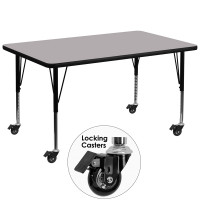 Flash Furniture XU-A2448-REC-GY-T-P-CAS-GG Mobile Rectangular Activity Table Grey Thermal Laminate Height Adjustable Pre-School Legs