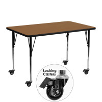 Flash Furniture XU-A2448-REC-OAK-T-A-CAS-GG Mobile Rectangular Activity Table with Oak Thermal Fused Laminate Top and Standard Height Adjustable Legs
