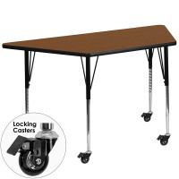 Flash Furniture XU-A2448-TRAP-OAK-H-A-CAS-GG Mobile Trapezoid Activity Table High Pressure Oak Laminate w/Adjustable Legs