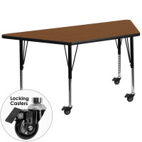 Flash Furniture XU-A2448-TRAP-OAK-H-P-CAS-GG Mobile Trapezoid Activity Table High Pressure Oak Laminate w/ Adjustable Pre-School Legs