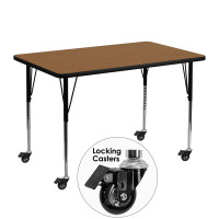 Flash Furniture XU-A3048-REC-OAK-T-A-CAS-GG Mobile Rectangular Activity Table with Standard Height Adjustable Legs