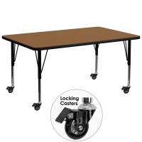 Flash Furniture XU-A3072-REC-OAK-T-P-CAS-GG Mobile Rectangular Activity Table with Height Adjustable Pre-School Legs
