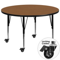 Flash Furniture XU-A48-RND-OAK-T-P-CAS-GG Mobile Round Activity Table with Height Adjustable Pre-School Legs