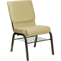 Flash Furniture Hercules Series 18.5'' Wide Beige Patterned Church Chair with 4.25'' Thick Seat Book Rack - Gold Vein Frame XU-CH-60096-BGE-BAS-GG