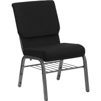 Flash Furniture Hercules Series 18.5'' Wide Black Church Chair with 4.25'' Thick Seat Book Rack - Silver Vein Frame XU-CH-60096-BK-SV-BAS-GG