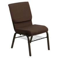 Flash Furniture Hercules Series 18.5'' Wide Brown Church Chair with 4.25'' Thick Seat Book Rack - Gold Vein Frame XU-CH-60096-BN-BAS-GG