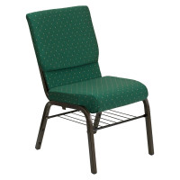 Flash Furniture Hercules Series 18.5'' Wide Green Patterned Church Chair with 4.25'' Thick Seat Book Rack - Gold Vein Frame XU-CH-60096-GN-BAS-GG
