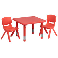Flash Furniture 24'' Square Adjustable Red Plastic Activity Table Set with 2 School Stack Chairs YU-YCX-0023-2-SQR-TBL-RED-R-GG