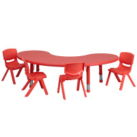 Flash Furniture 35''W x 65''L Adjustable Half-Moon Red Plastic Activity Table Set with 4 School Stack Chairs YU-YCX-0043-2-MOON-TBL-RED-E-GG