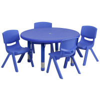 Flash Furniture 33'' Round Adjustable Blue Plastic Activity Table Set with 4 School Stack Chairs YU-YCX-0073-2-ROUND-TBL-BLUE-E-GG
